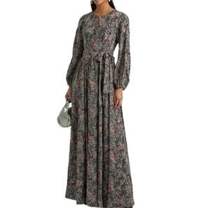 Mikael Aghal Pleated Printed Black Long Sleeve Crepe de Chine Maxi Dress Size 6